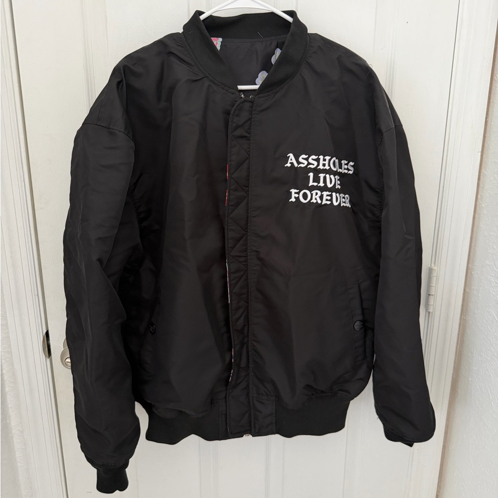 Black Bomber Jacket With Bold Statement - image 1